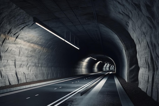 Tunnel scarsamente illuminato con una strada che lo attraversa IA generativa