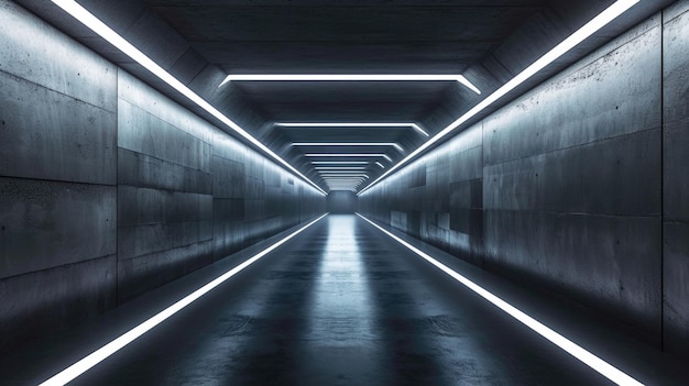 Tunnel sotterraneo in cemento sullo sfondo corridoio moderno con pareti grigie e luce a led vista prospettica di magazzino o garage vuoto concetto di sala interno industria