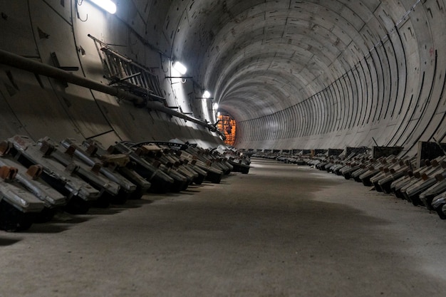 Tunnel sotterraneo tortuoso della metropolitana che va in lontananza