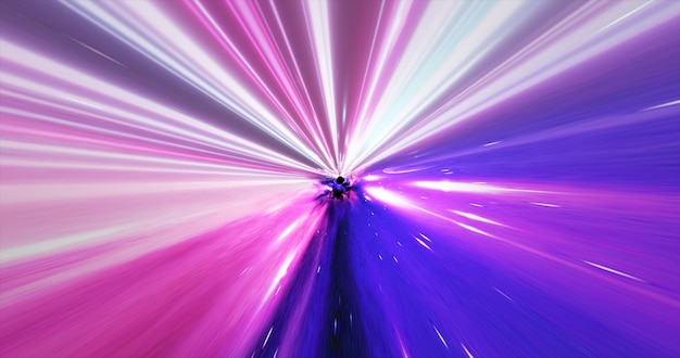 Tunnel spaziale incandescente astratto che vola ad alta velocità da linee hightech futuristiche di energia luminosa