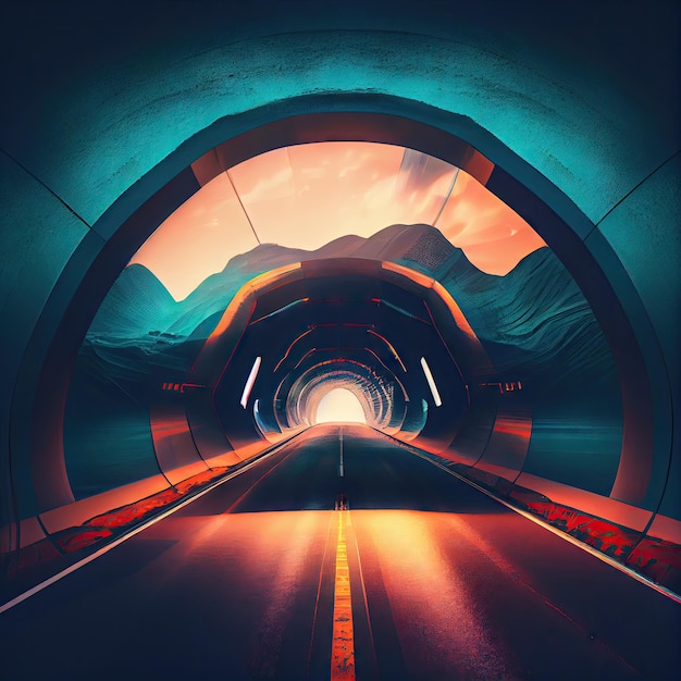 Tunnel trasparente in futuro con sfondo autostradale interni futuristici scifi creati con generati