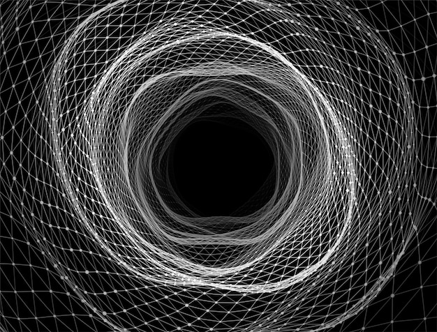 Tunnel wireframe dinamico astratto su sfondo nero Wormhole onda profonda Flusso di particelle futuristico Illustrazione vettoriale