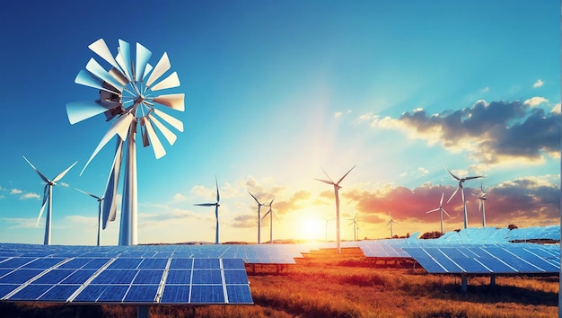 Turbina eolica e pannello solare sul cielo blu al tramonto concentrazione di energia elettrica rinnovabile
