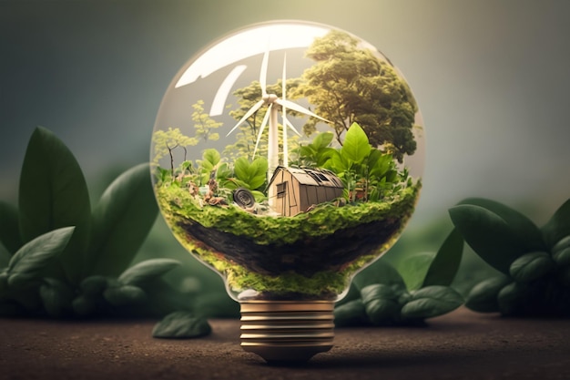 turbina eolica energia verde nel concetto di sistema di ecosistema lampadina