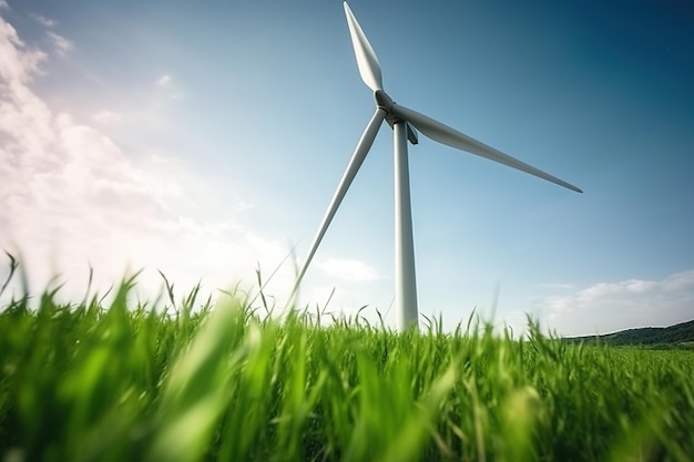 Turbina eolica in un campo con il sole che splende su di essa