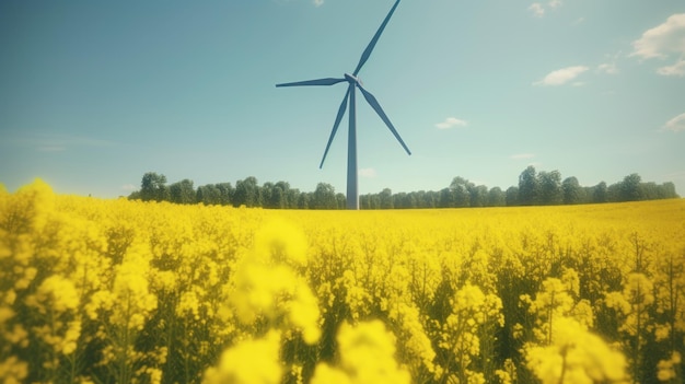 Turbina eolica in un campo di fiori gialli Energia alternativa IA generativa