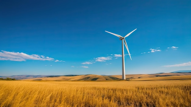 Turbina eolica in un campo di grano durante il giorno con cielo blu IA generativa