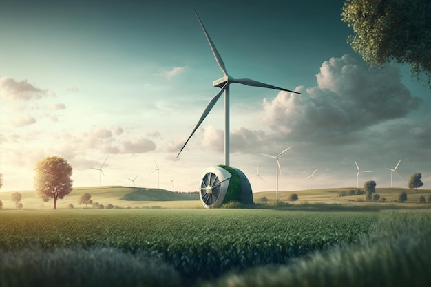 turbina eolica moderna sull'energia solare del campo verde
