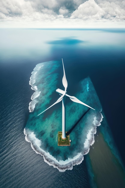Turbina eolica nell'oceano e nel cielo velato creata utilizzando la tecnologia generativa ai