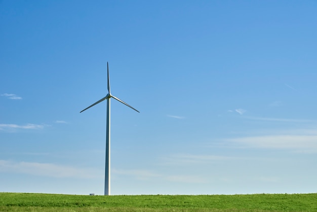 Turbina eolica su un campo con erba verde