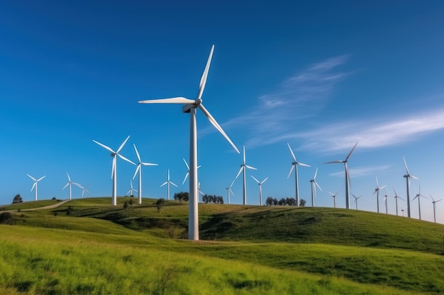 Turbina eolica sul paesaggio del campo in erba Ambiente mondiale e concetto di giornata della terra