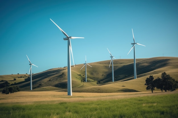 Turbina eolica sul paesaggio del campo in erba Ambiente mondiale e concetto di giornata della terra