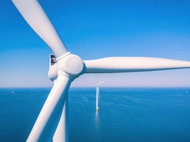 Turbina eolica vista dall'aria Visto dal drone al parco eolico westermeerdijk un mulino eolico nel lago IJsselmeer il più grande dei Paesi Bassi Sviluppo sostenibile energie rinnovabili