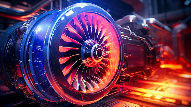 Turbine a reazione che prendono vita circondate da una diagnostica olografica che enfatizza la combinazione di potenza meccanica e monitoraggio tecnologico avanzato