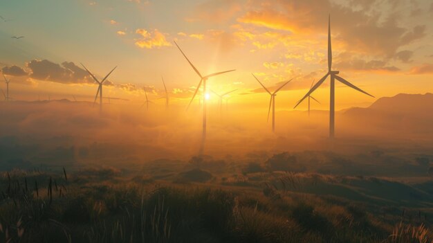 Turbine contro un'alba vibrante con la luce dorata dell'alba che evidenzia il loro design e il