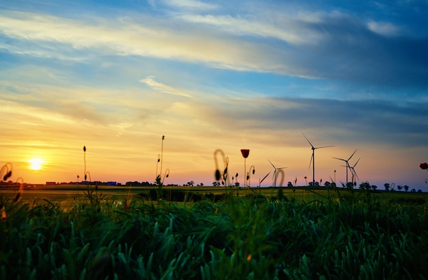 Turbine del mulino a vento al tramonto Concetto di energia eolica