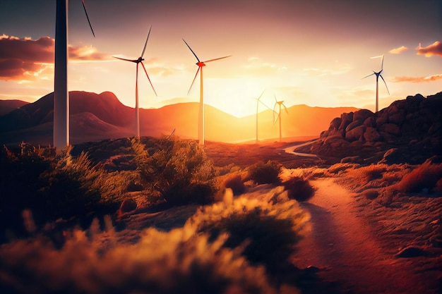 Turbine eoliche al tramonto Fonte di energia alternativa ai generativa