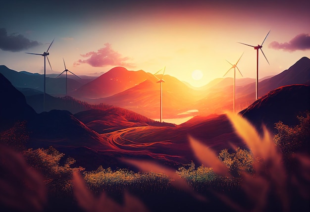 Turbine eoliche al tramonto nell'illustrazione del paesaggio montano rurale AI generativa