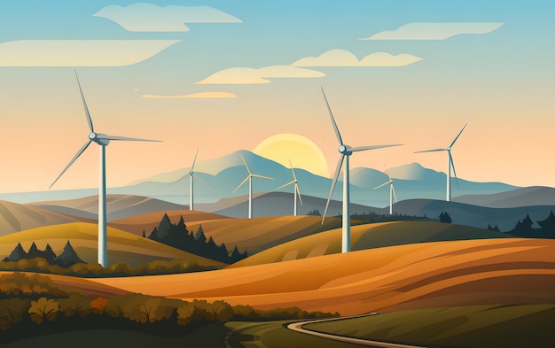 turbine eoliche al tramonto sullo sfondo dell'illustrazione