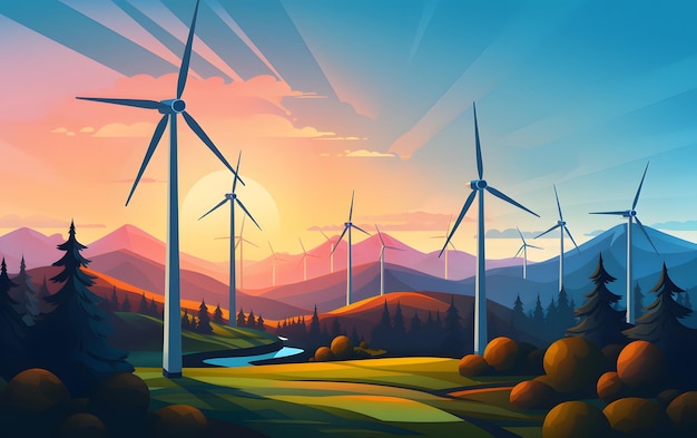 turbine eoliche al tramonto sullo sfondo dell'illustrazione