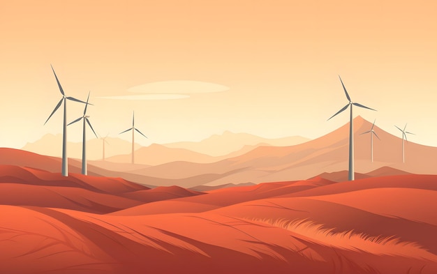 turbine eoliche al tramonto sullo sfondo dell'illustrazione