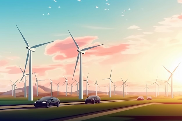 Turbine eoliche e auto elettriche che passano Energie rinnovabili