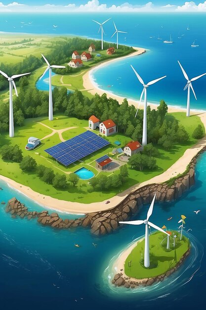 Turbine eoliche foreste oceaniche città batterie solari costa del mare e campo verde fresco raccolta della terra