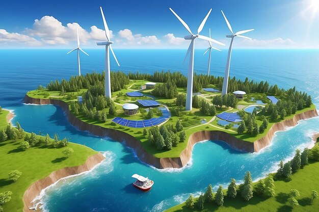 Turbine eoliche foreste oceaniche città batterie solari costa del mare e campo verde fresco raccolta della terra