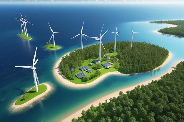 Turbine eoliche foreste oceaniche città batterie solari costa del mare e campo verde fresco raccolta della terra