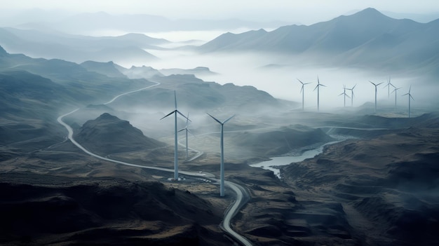 Turbine eoliche fotografiche dettagliate in una valle nebbiosa