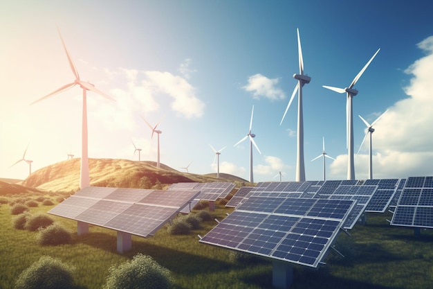 Turbine eoliche in un campo con un cielo azzurro e il sole che splende attraverso di esse.