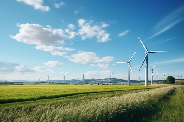 Turbine eoliche in un campo con un cielo blu e nuvole