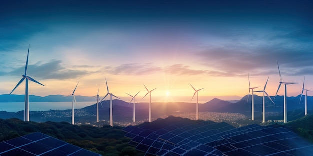 Turbine eoliche in un enorme campo al tramonto Concetto di energia rinnovabile