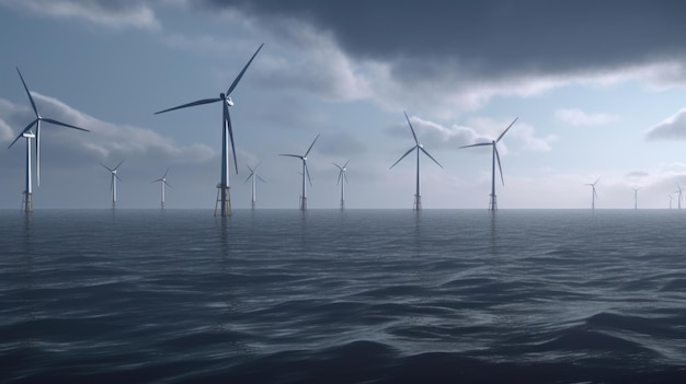 Turbine eoliche in un tempestoso mare del nord contro un cupo cielo grigio produzione di energia sostenibile pulita