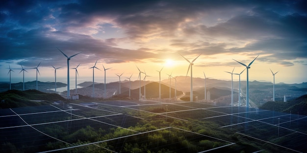 Turbine eoliche in un vasto campo al tramonto Concetto di energia rinnovabile