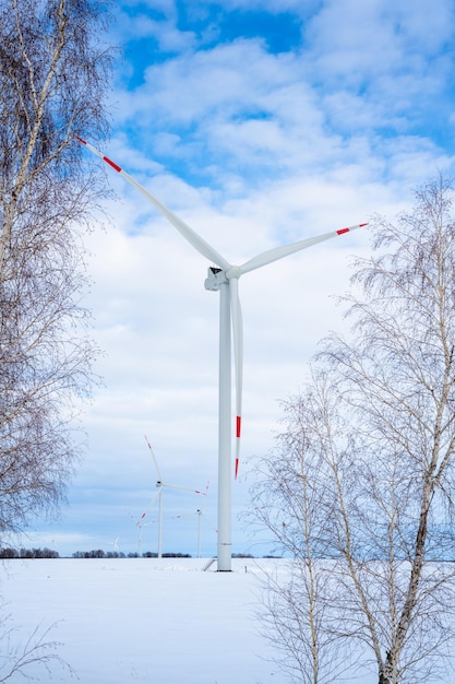 Turbine eoliche in una gelida giornata invernale in un campo nevoso