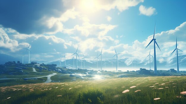 turbine eoliche nel campo con cielo colorato e nuvole