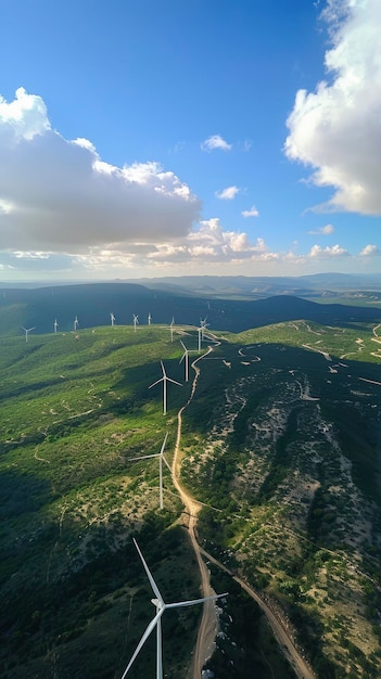 Turbine eoliche su un bellissimo paesaggio sullo sfondo foto aerea natura selvaggia riprese professionali
