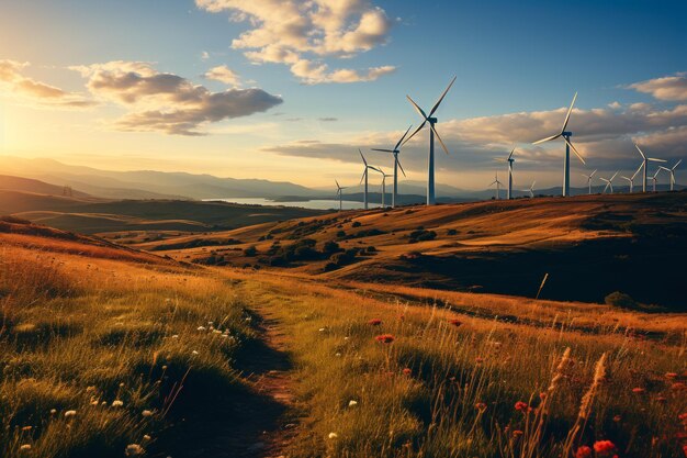 Turbine eoliche su una collina al tramonto Un campo con un mucchio di mulini a vento in cima