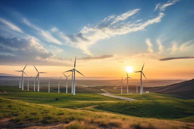 Turbine eoliche su una collina con il sole che tramonta dietro di loro.