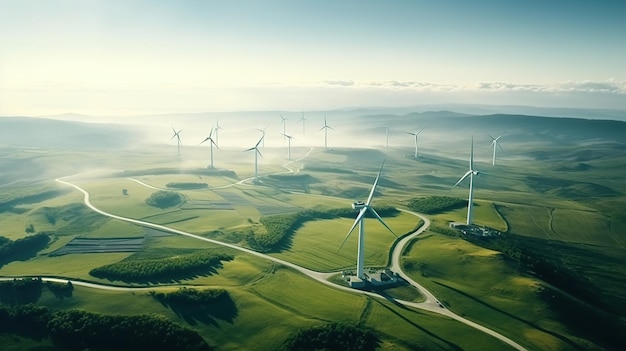 Turbine eoliche su una verde collina con una strada che conduce all'orizzonte