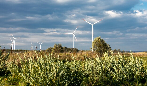 Turbine eoliche su verdi colline Gruppo di mulini a vento per la produzione di energia elettrica nel verde