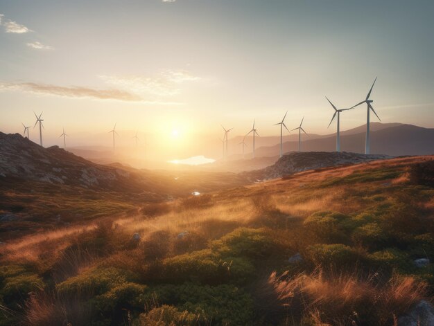 Turbine eoliche sul bellissimo paesaggio di montagna autunnale soleggiato estivo IA generativa