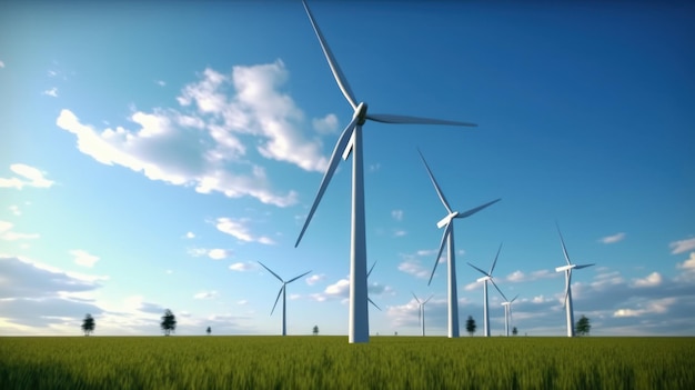 Turbine eoliche sul campo verde contro il cielo blu produzione di energia verde rinnovabile sostenibile