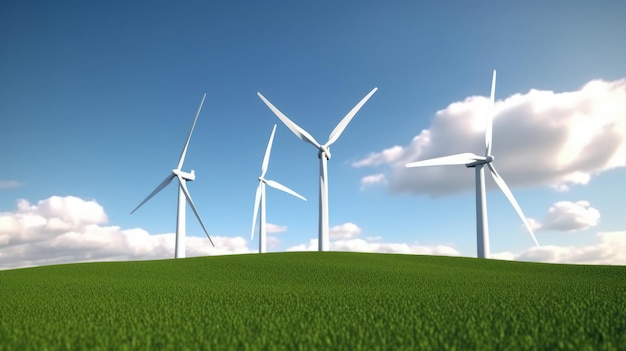Turbine eoliche sul campo verde contro il cielo blu produzione di energia verde rinnovabile sostenibile