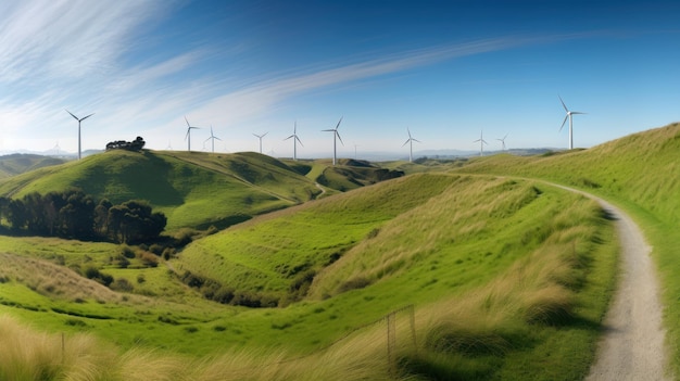 Turbine eoliche sulla collina verde energia alternativa AI generativa