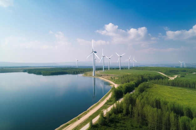 Turbine eoliche vicino a un lago per creare energia Concetto di energia rinnovabile