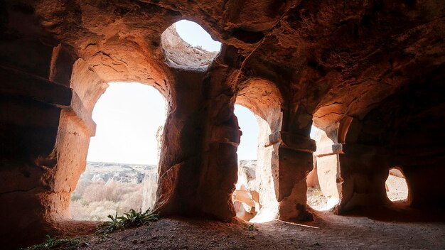 Turchia Achiksaray, sobborgo di Nevsehir. Antiche rovine di chiese scavate nella roccia sabbiosa. Cappadocia, Turchia