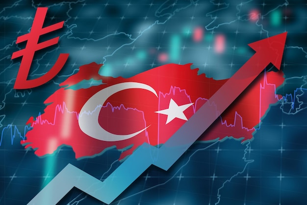 Turchia Lira caduta logo della moneta nazionale turca Crisi economica in Turchia Turchia country board con bandiera nazionale Crescita grafico del corso di cambio della lira Currency caduta verso il basso freccia