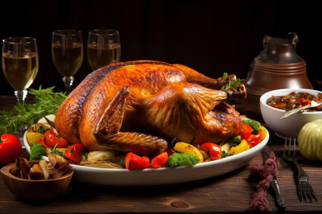 Turco o pollo arrostito per la cena di Natale e Capodanno su un tavolo di legno